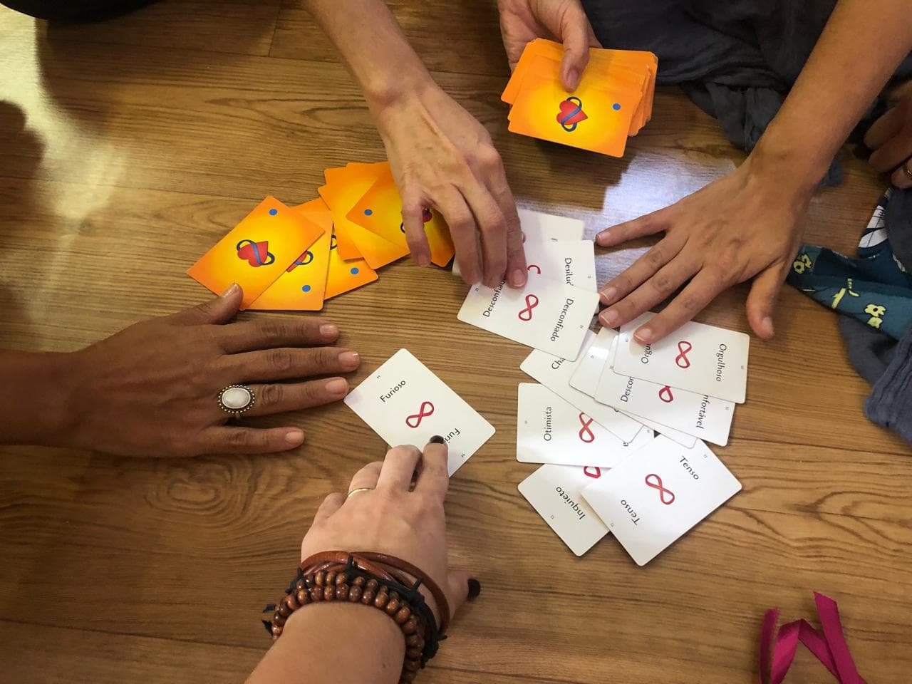 Participantes usando o Baralho Konekti de CNV durante uma prática relacional